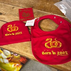 Red "Born in 2025" Baby Hat & Bib Set